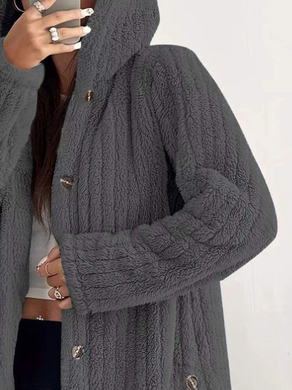 Giacca in Pile con Cappuccio e Bottoni – Taglie Forti
