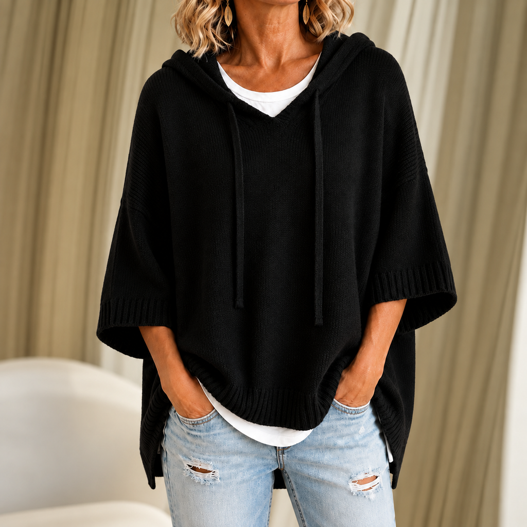 Fiamma – poncho in maglia con cappuccio e maniche a tre quarti
