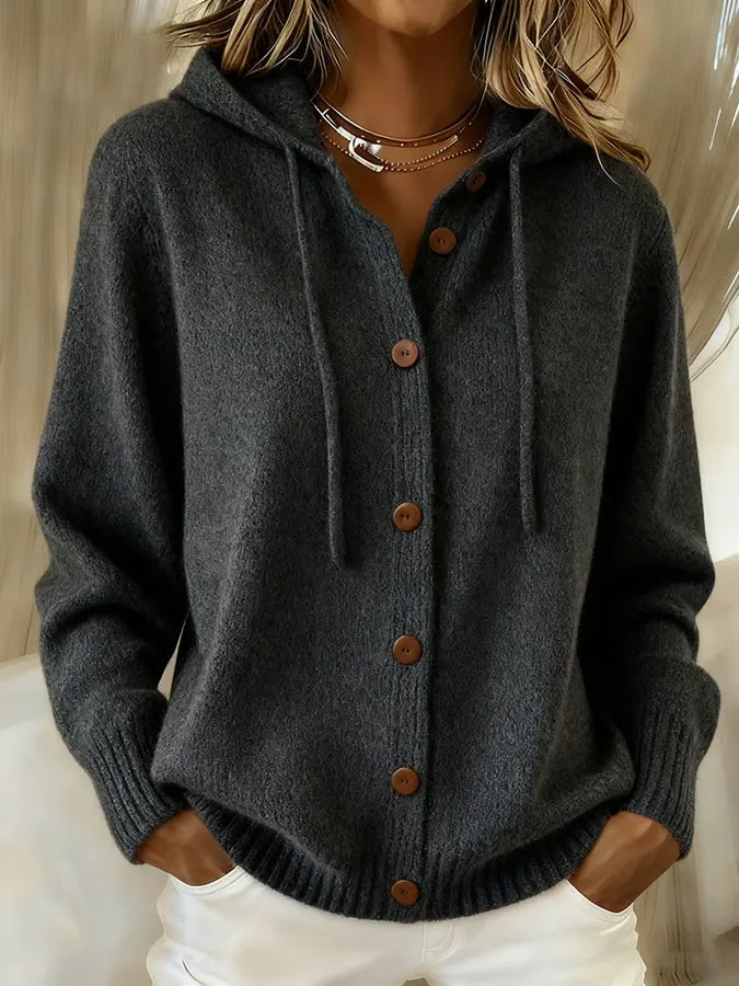 Amanda - Cardigan morbido con cappuccio e bottoni, colore nero