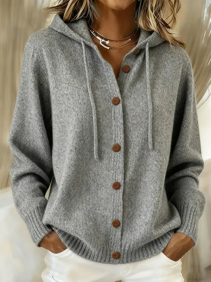 Amanda - Cardigan morbido con cappuccio e bottoni, colore grigio