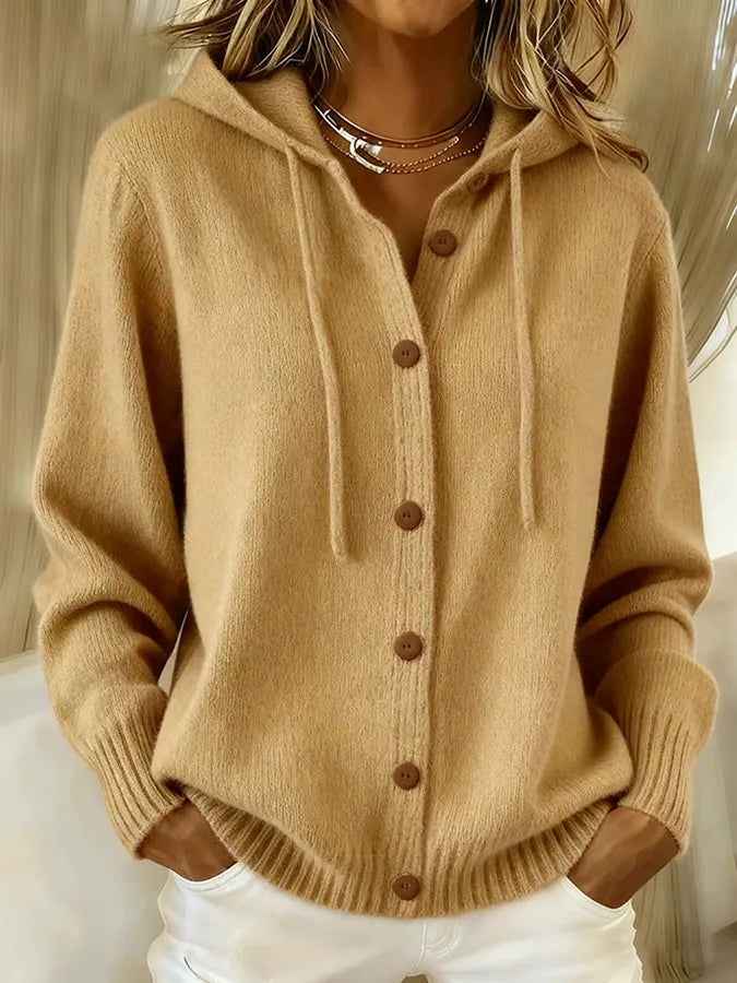 Amanda - Cardigan morbido con cappuccio e bottoni, colore kaki