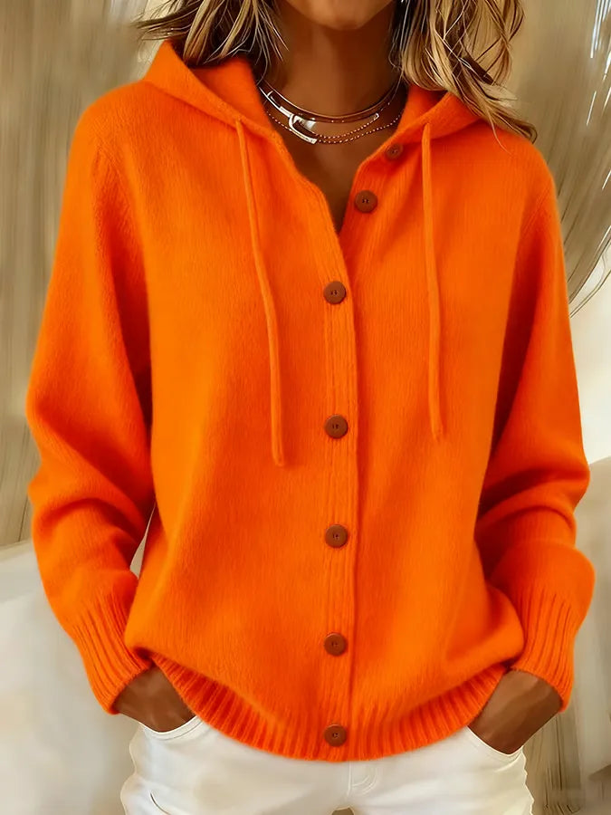 Amanda - Cardigan morbido con cappuccio e bottoni, colore arancione