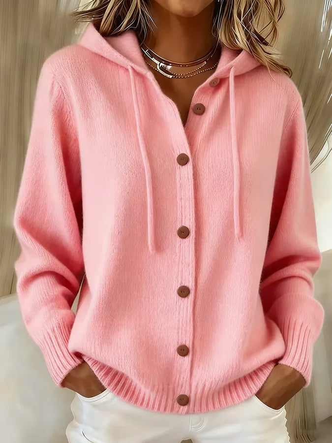 Amanda - Cardigan morbido con cappuccio e bottoni, colore rosa