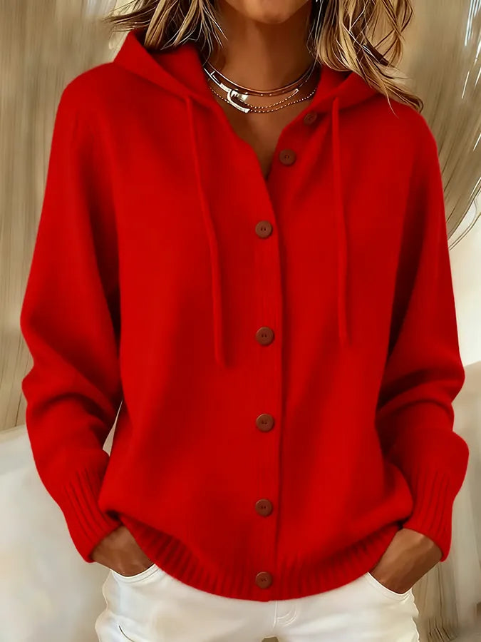 Amanda - Cardigan morbido con cappuccio e bottoni, colore rosso