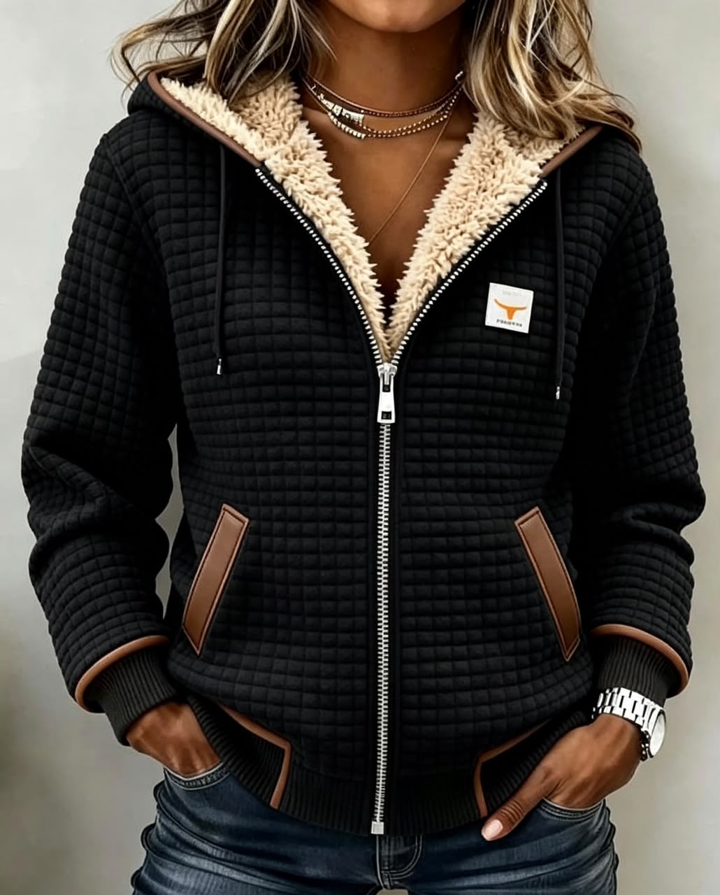 Addison – felpa trapuntata nera con zip e fodera sherpa