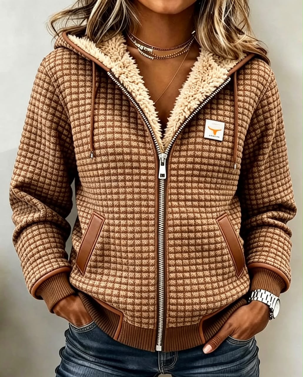 Savannah – felpa trapuntata color cammello con fodera sherpa