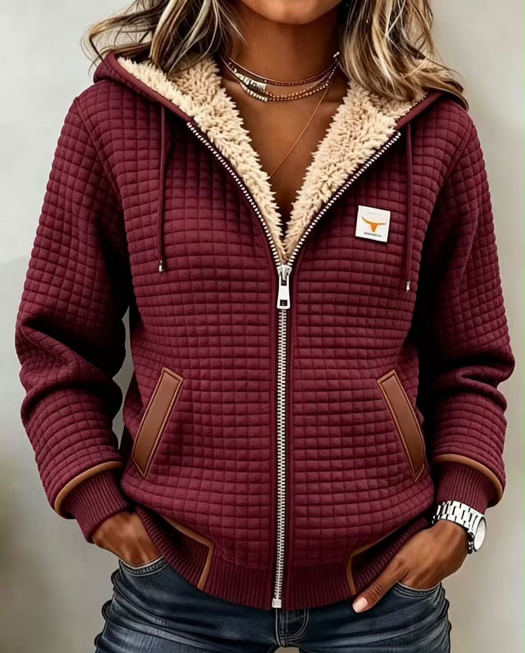 Allison – felpa trapuntata bordeaux con fodera sherpa
