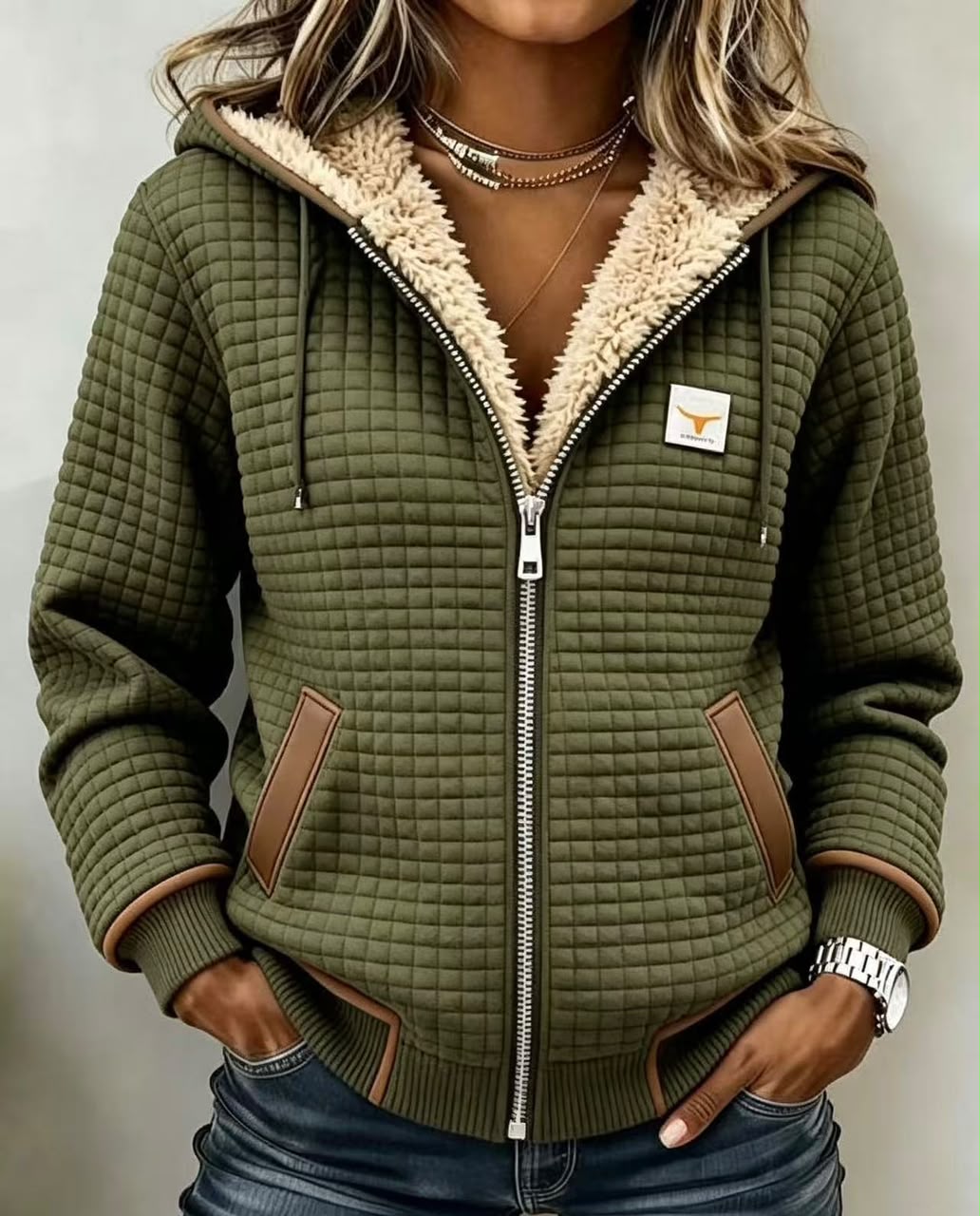 Hailey – felpa trapuntata verde oliva con fodera sherpa
