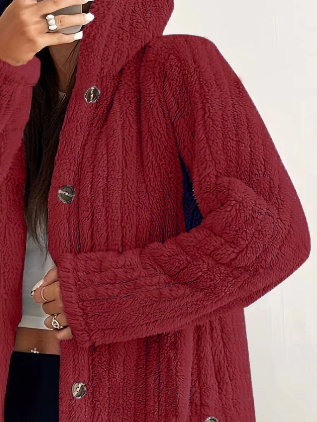 Giacca in Pile con Cappuccio e Bottoni – Taglie Forti