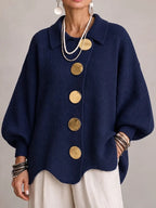 Milena | Cardigan Oversize a Coste con Orlo Smerlato, Blu Navy