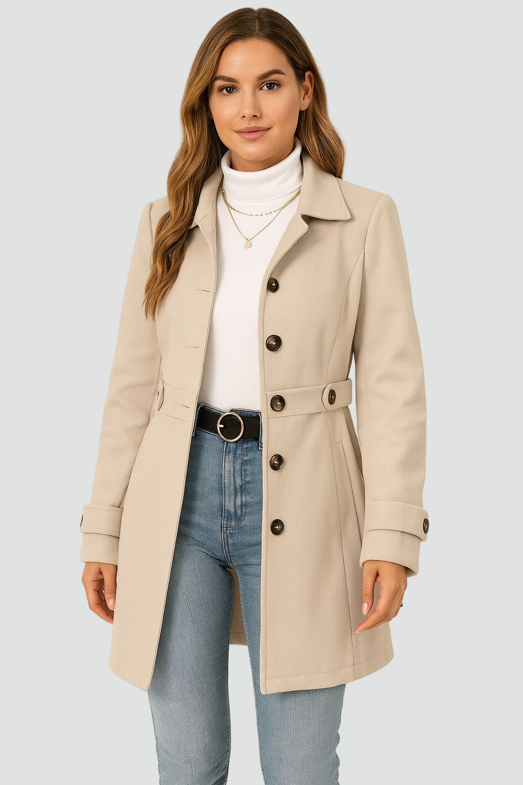Trench autunnale da donna con cintura, modello sciancrato, per la mezza stagione
