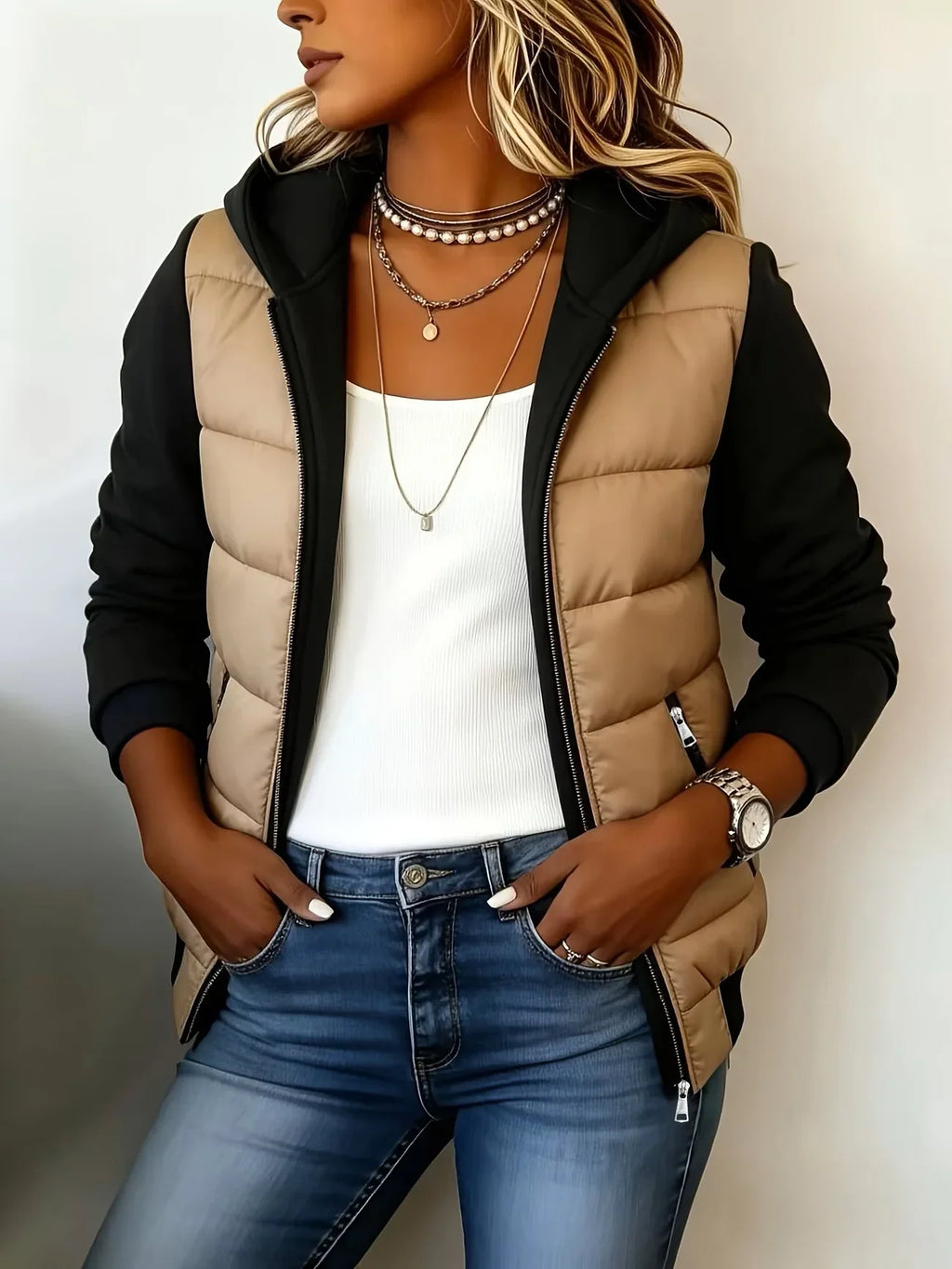 Sabrina – giacca imbottita con cappuccio color-block