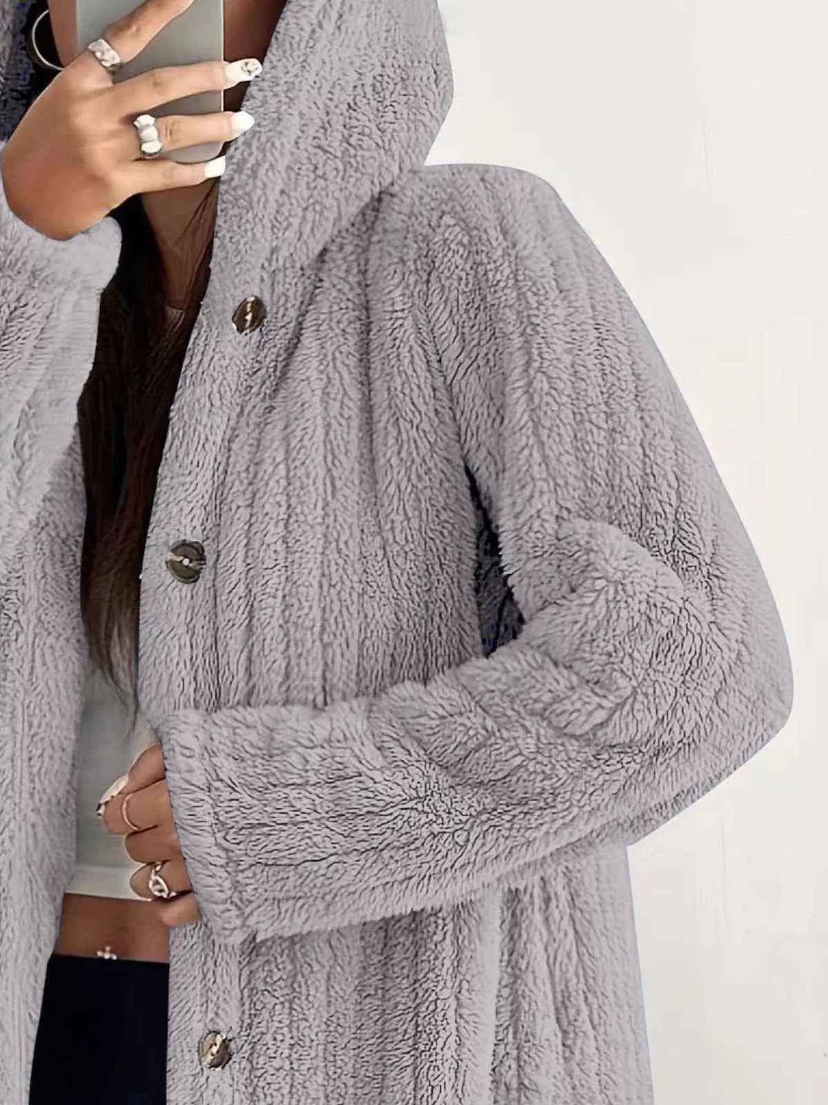 Giacca in Pile con Cappuccio e Bottoni – Taglie Forti