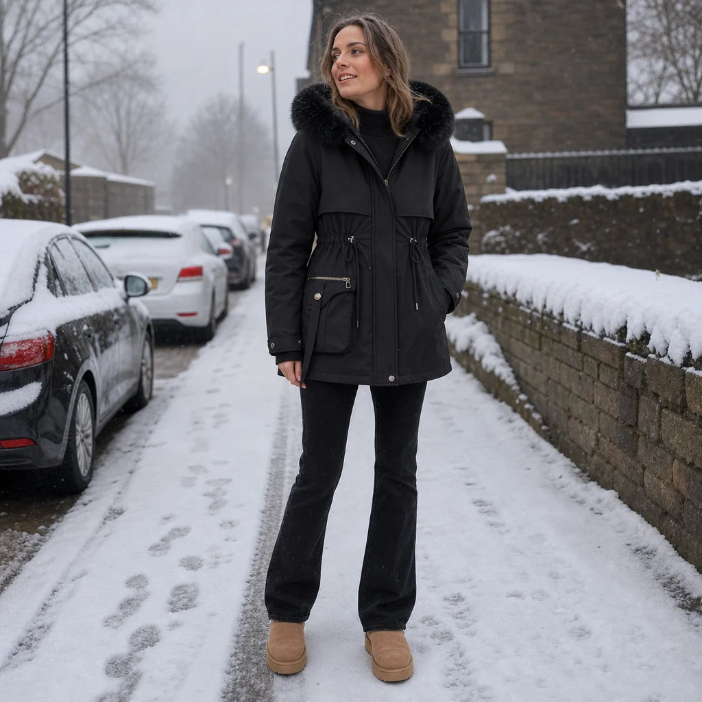 Giacca parka da donna corta, imbottita e con cappuccio, per l'autunno e l'inverno