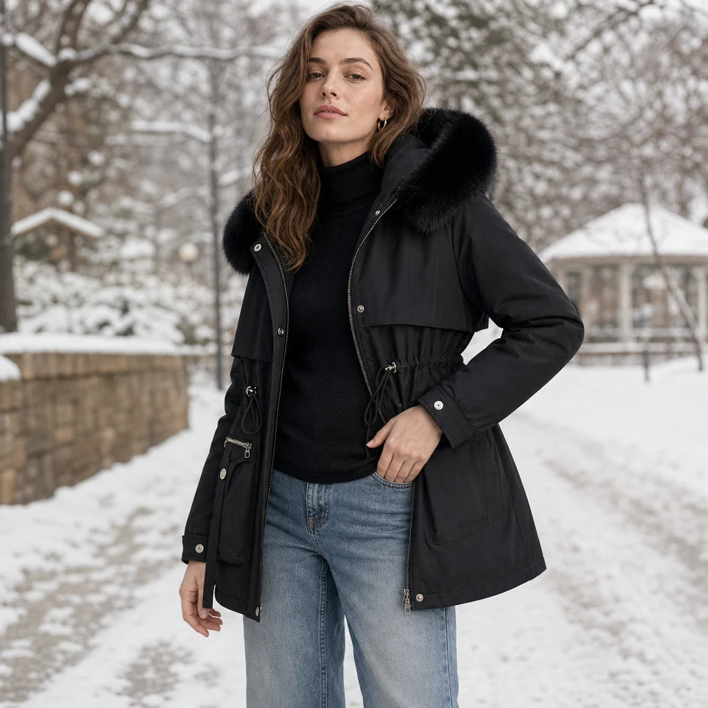 Giacca parka da donna corta, imbottita e con cappuccio, per l'autunno e l'inverno