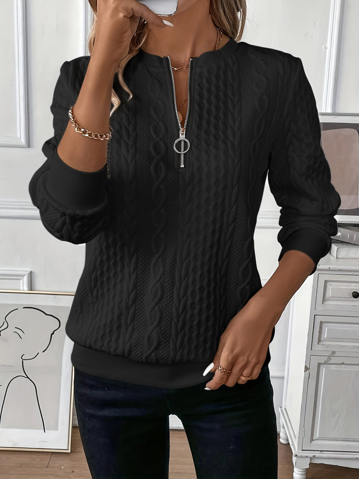 Lorenza™ | Maglione a Treccia con Collo Alto e Zip