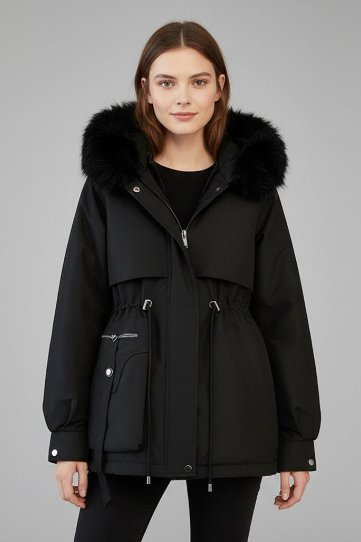 Giacca parka da donna corta, imbottita e con cappuccio, per l'autunno e l'inverno