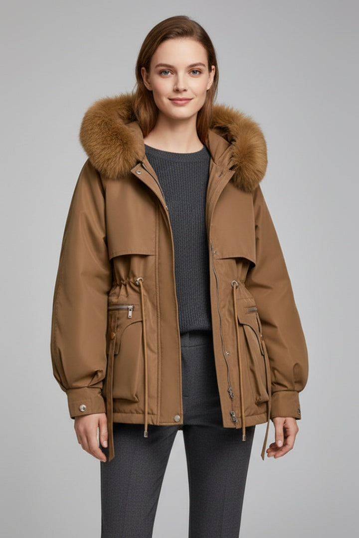 Giacca parka da donna corta, imbottita e con cappuccio, per l'autunno e l'inverno
