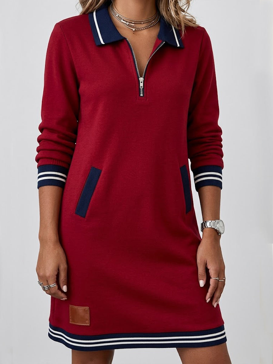 Abito corto in maglia di cotone BlackCasual con mezza zip e collo a blocchi di colore