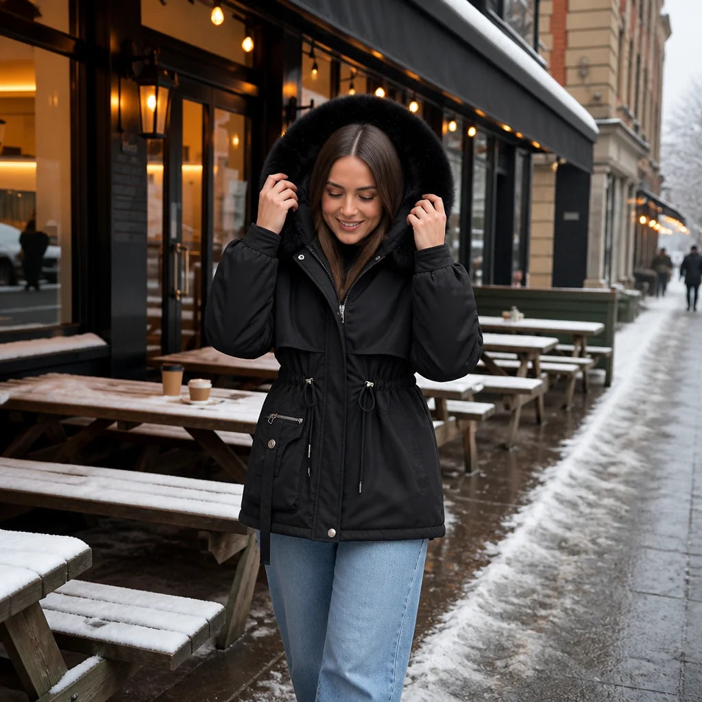 Giacca parka da donna corta, imbottita e con cappuccio, per l'autunno e l'inverno