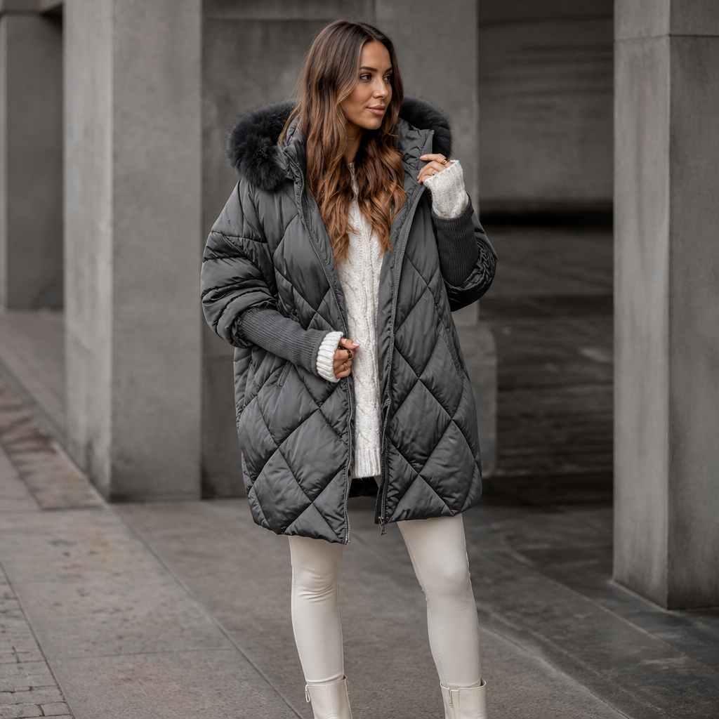 Wovella - Parka trapuntato con cappuccio in pelliccia sintetica, colore grigio