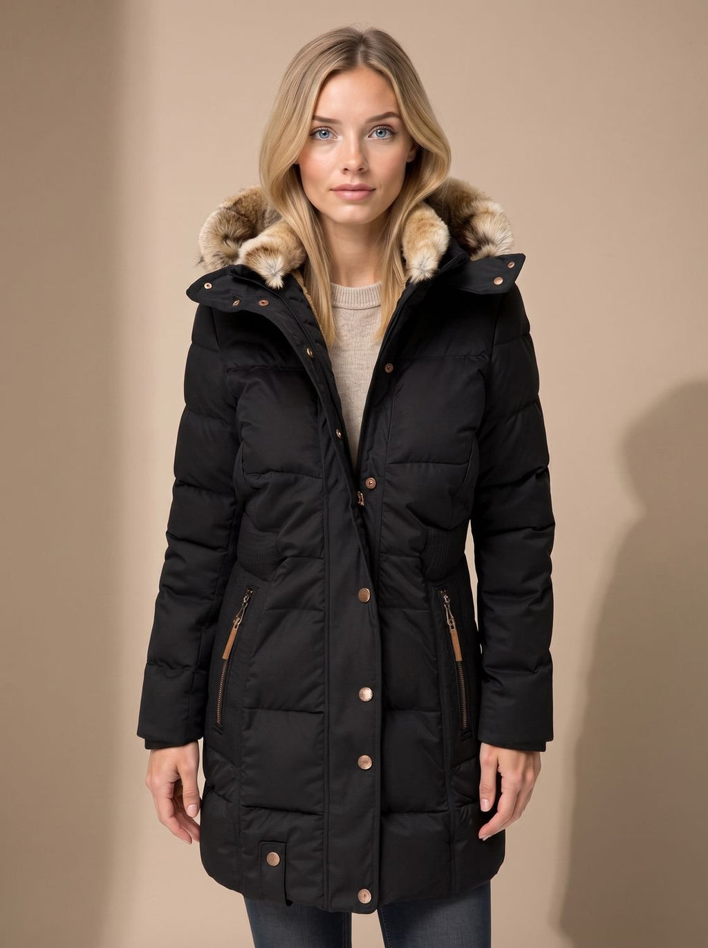 Arianna | Cappotto lungo trapuntato con cappuccio in pelliccia sintetica