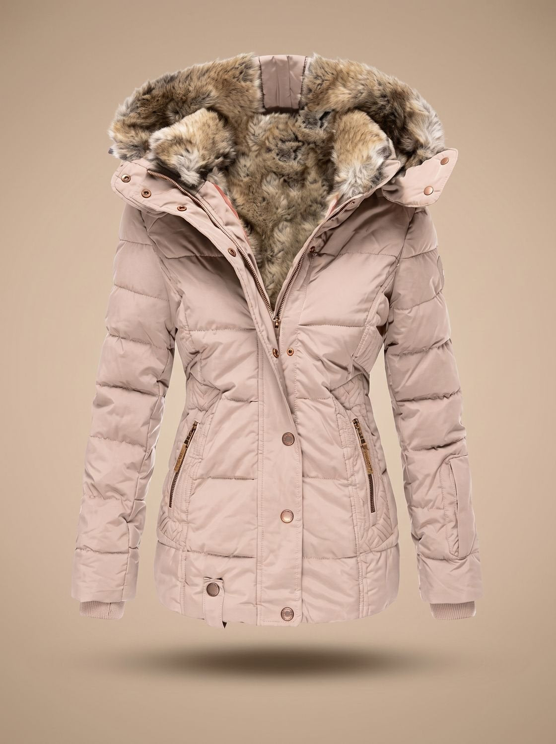 Arianna | Cappotto lungo trapuntato con cappuccio in pelliccia sintetica