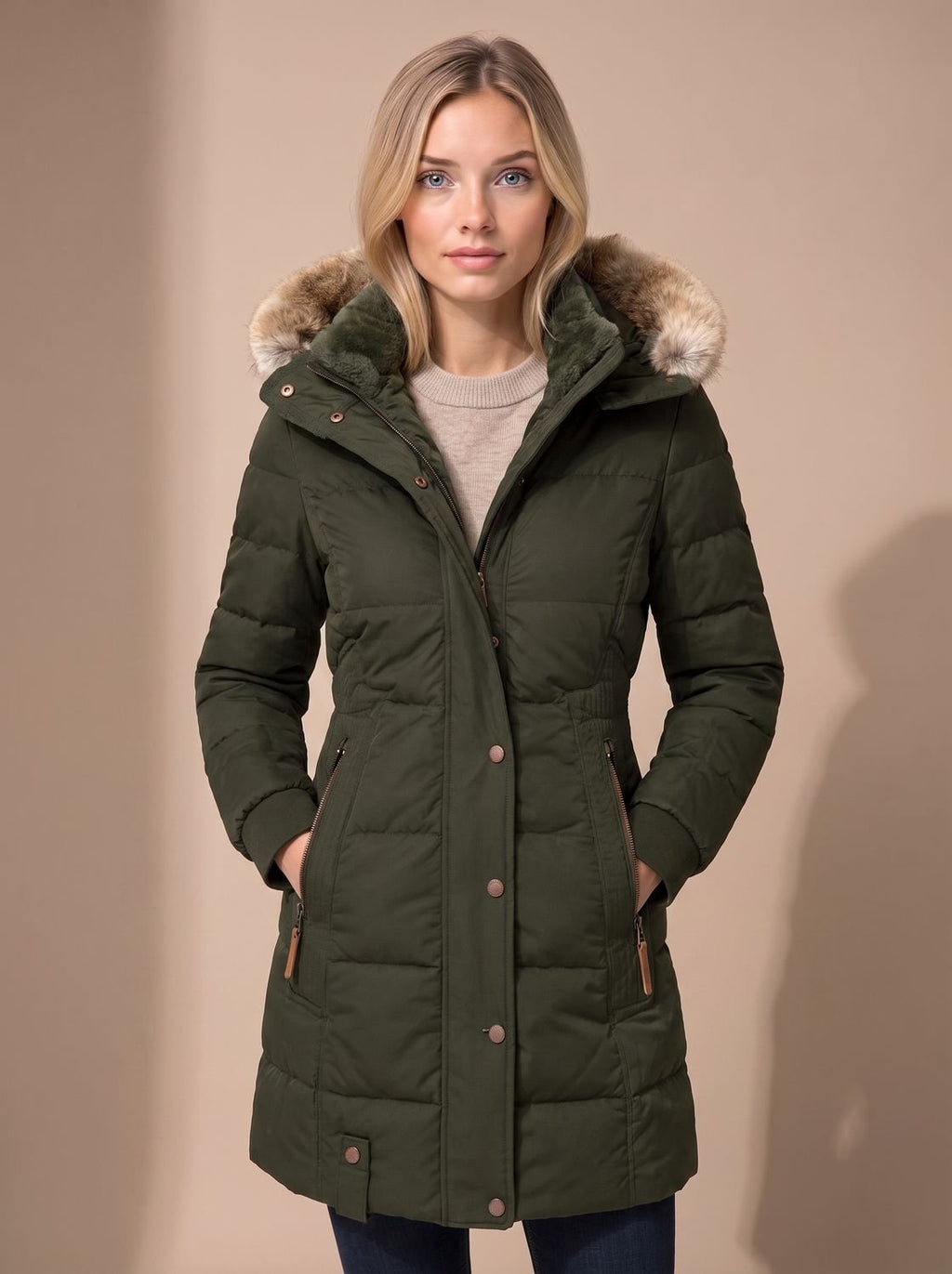 Arianna | Cappotto lungo trapuntato con cappuccio in pelliccia sintetica