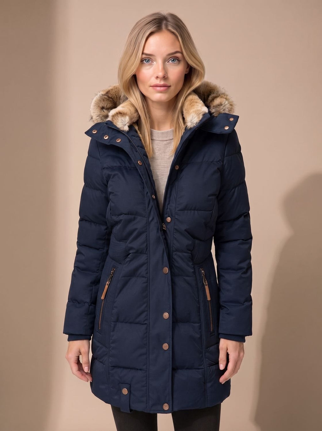 Arianna | Cappotto lungo trapuntato con cappuccio in pelliccia sintetica
