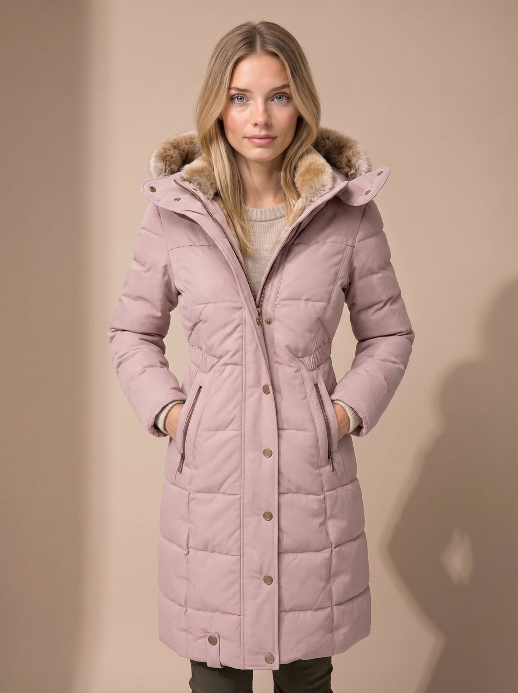 Arianna | Cappotto lungo trapuntato con cappuccio in pelliccia sintetica
